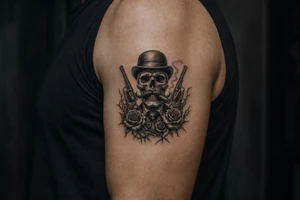 Gothic skull in bowler hat, handlebar mustache, holding smoking cigar, antique revolvers at sides, thorny roses. tattoo idea