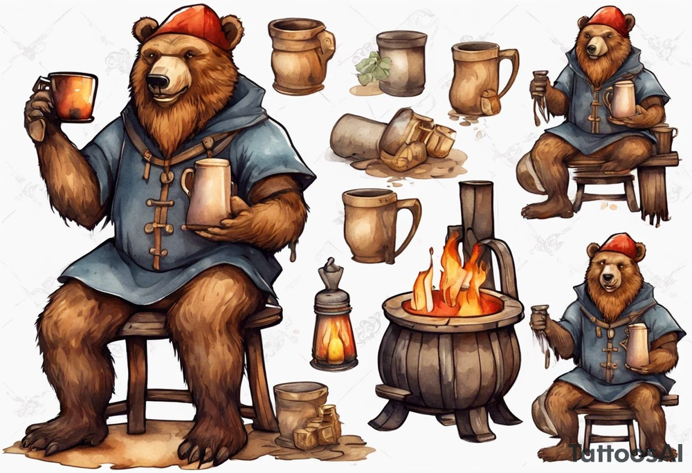 a medieval bear-human hybrid with a long beard wearing a Phrygian cap, sitting on a stool by the hearth, drinking from a wooden mug, smiling tattoo idea