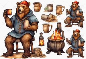a medieval bear-human hybrid with a long beard wearing a Phrygian cap, sitting on a stool by the hearth, drinking from a wooden mug, smiling tattoo idea