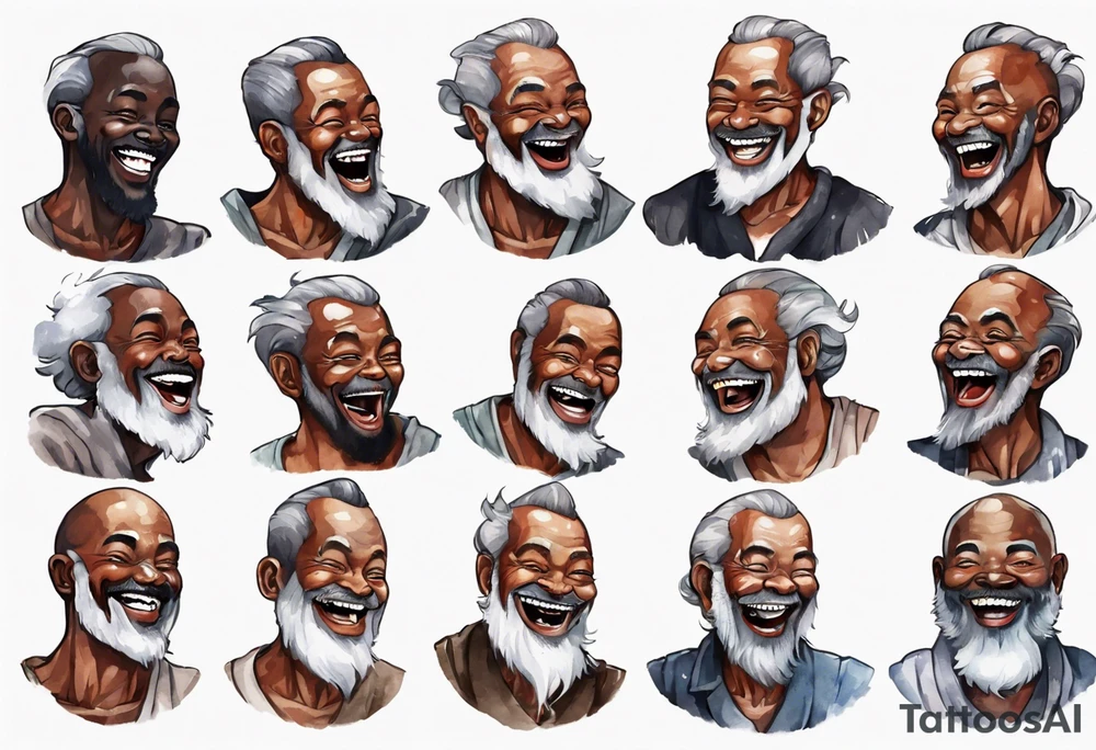 a stout man with dark skin with a grey beard laughing tattoo idea