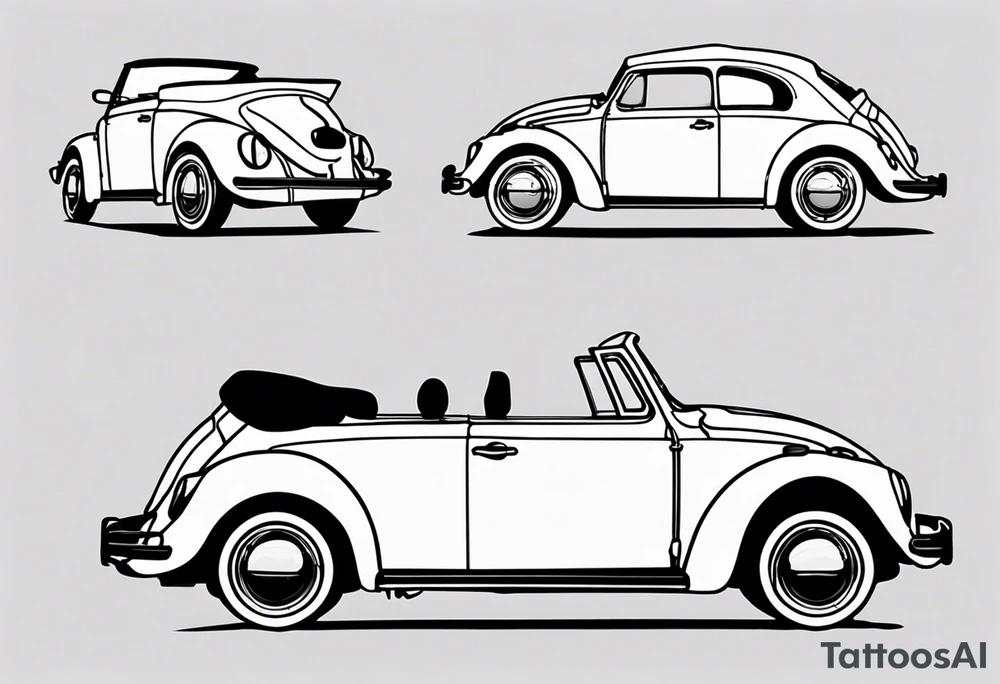 VW beetle convertible, side profile, top-down, modern, linework, minimal, no shadow or solid shading tattoo idea