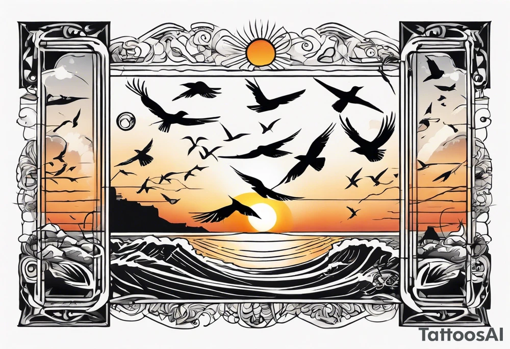 Sunset over the sea with birds flying in a rectangle tattoo idea