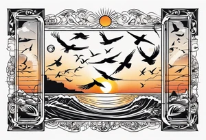 Sunset over the sea with birds flying in a rectangle tattoo idea
