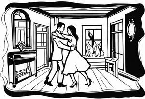 Slow dancing in a burning room but the couple is dancing and you can see them through a small window in a house on fire tattoo idea