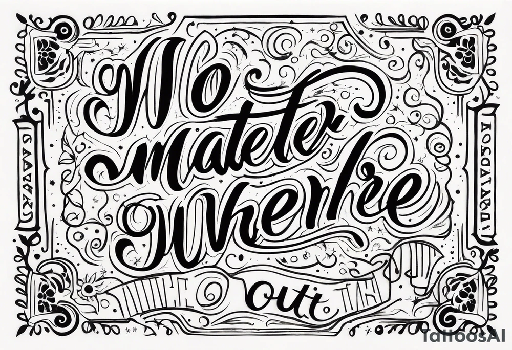 Quote “no matter where” in cursive, glyph at the end, sparkles tattoo idea