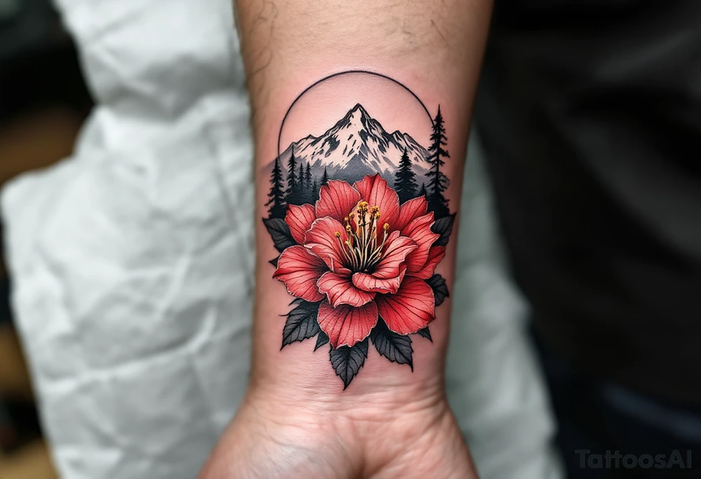 vertical wrist size red  and black rhododendron trippy with Himalayas behind tattoo idea