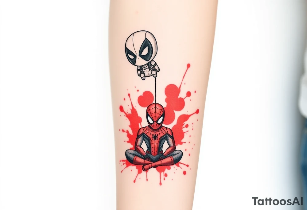 A vertical stacked tattoo design for a half-sleeve on a white background. At the top is a chibi Deadpool character in a bold ink sketch style. At the bottom is a chibi Spider-Man character sitting cross-legged in a loose pencil sketchbook style. High contrast black and grey shading. The two characters are connected by loose, energetic sketch lines and a thin spiderweb thread hanging between them. Dramatic, stylized splashes of bright, vibrant watercolor red ink splatter bursting out around both characters' suits, bleeding into the negative space. Tattoo flash sheet style, crisp linework. tattoo idea