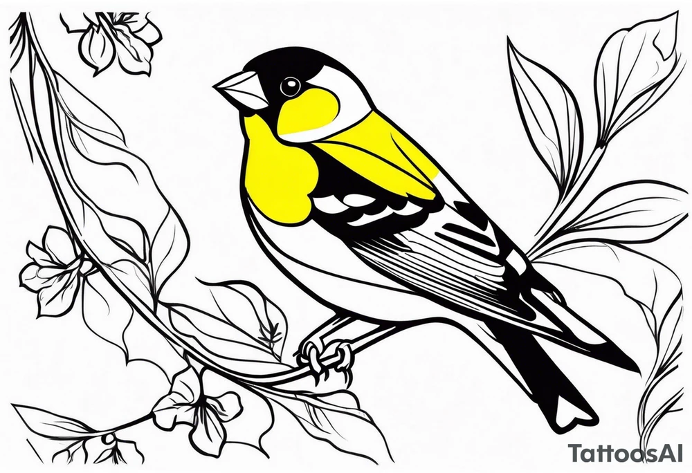 Generate a tattoo design of a goldfinch surrounded by delicate vines, emphasizing its bright colors and playful nature tattoo idea