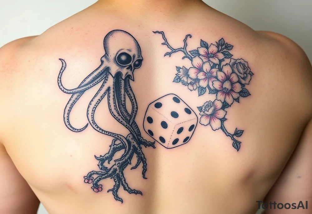 squid and knight combined with tree roots, cherry blossoms and roses rolling dice tattoo idea