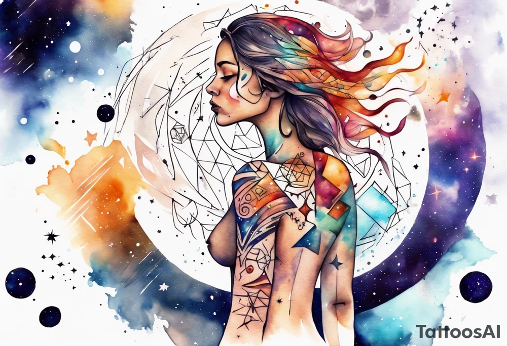 Across woman's chest Chest, Tribaltattoo design that depicts with tribal patterns, geometric swirls, watercolor style tattoo design, mesmerizing blend of vibrant watercolor splashes and cosmic elements like stars, and galaxies, dreamy and otherworldly effect, solar system,astronomy tattoo idea