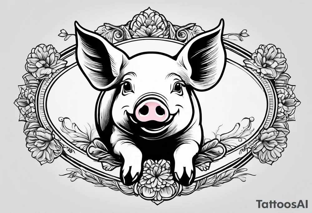 cute pig or piglet.
with text: "friends not food" 

only very thin lines. no shading. black and white only. simple outline only tattoo idea