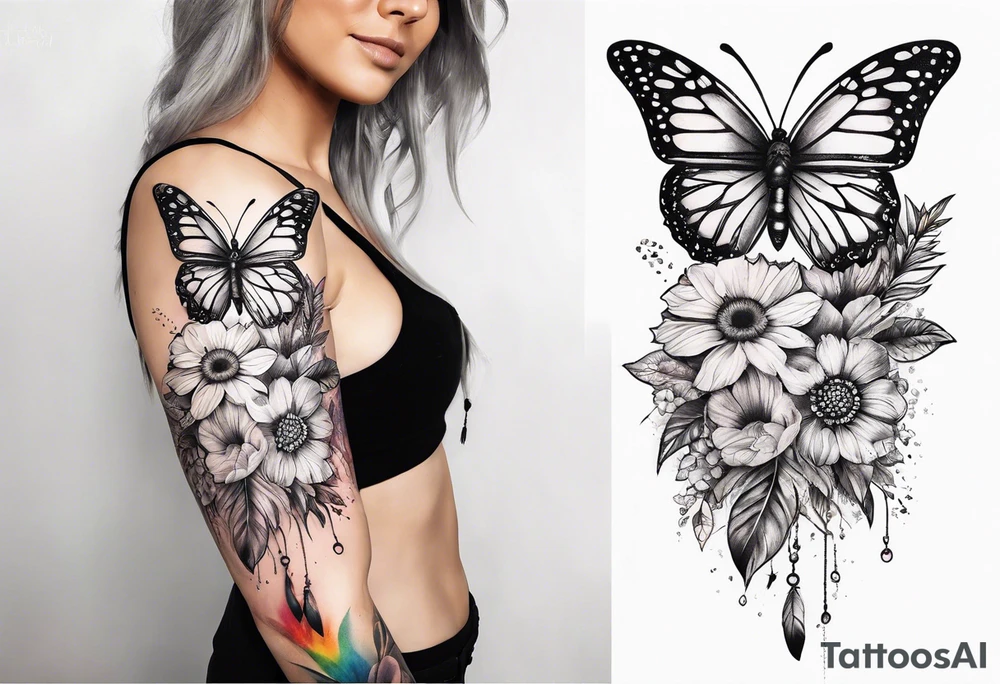 arm sleeve with dreamcatcher, rainbow flowers and one butterfly tattoo idea