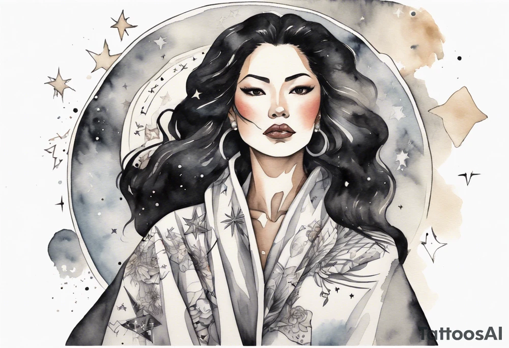 a watercolor of a beautiful 40-year-old latina woman wearing black and white cloak surrounded by the stars tattoo idea