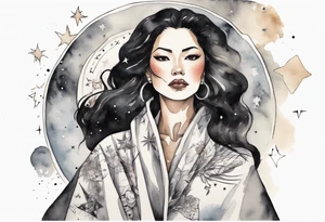 a watercolor of a beautiful 40-year-old latina woman wearing black and white cloak surrounded by the stars tattoo idea