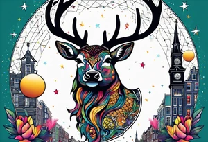 stag featuring colours of the universe and galaxies and pineapples in amsterdam city featuring Amsterdam buildings and canal tattoo idea