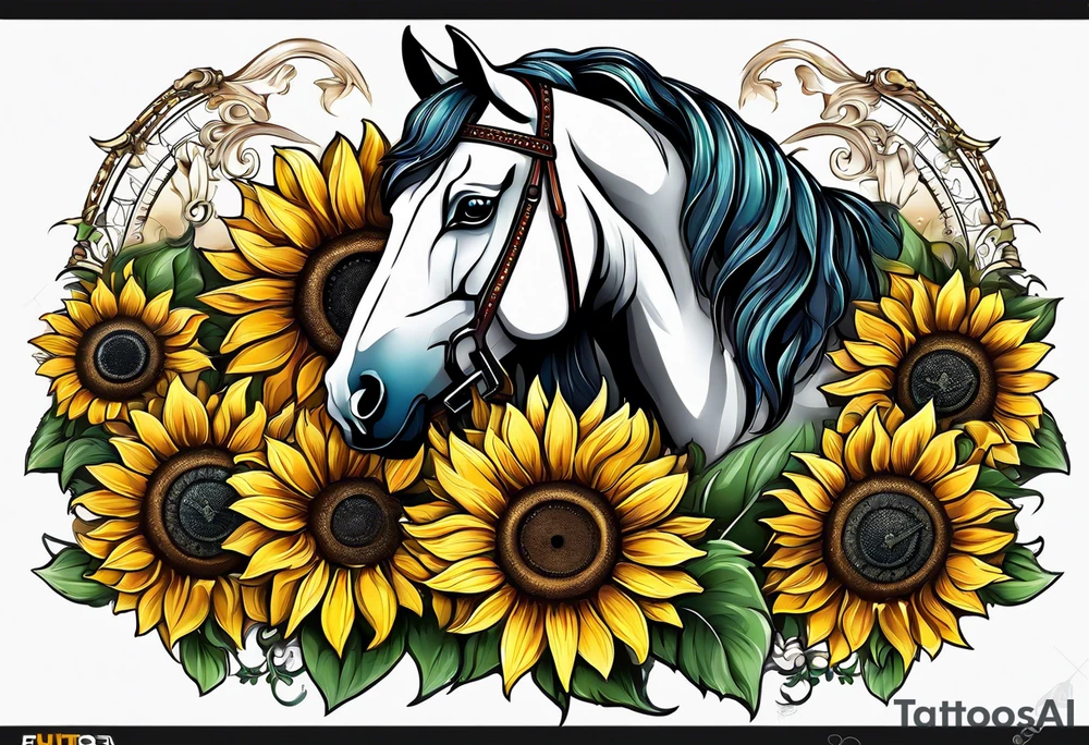 Horse, compass, sunflower tattoo idea