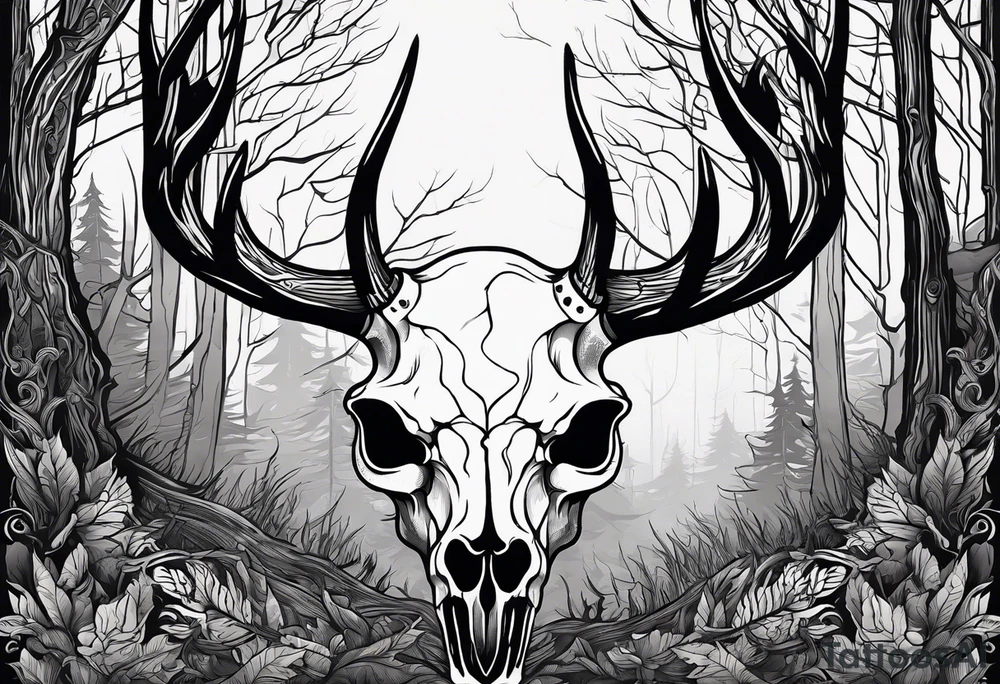 A SCARY side view of a decayed deer skull NO SKIN JUST BONE surrounded by a forest fire in background tattoo idea