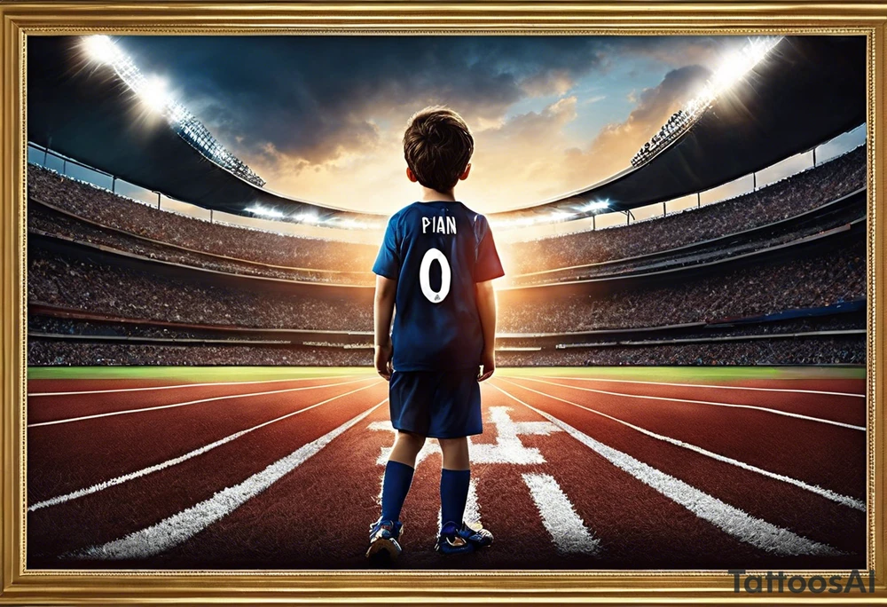 A little boy with the number 10 on his back walking into a stadium with a cross above it and a saying Roman’s 8:18 “ the pain you are feeling today, can’t compare to the joy to come tomorrow.” As well with 5 stars around it and in each star I want the number 15, 2 , 25, 27, 2 . tattoo idea