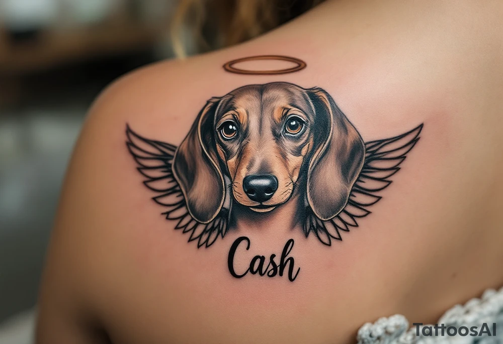 Dachshund ears between wings with a halo above and the name Cash tattoo idea