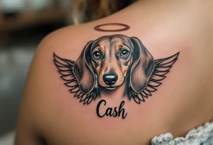 Dachshund ears between wings with a halo above and the name Cash tattoo idea