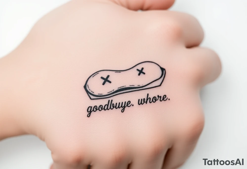 A peanut with x's for eyes laying in an open casket with the words goodbye whore tattoo idea