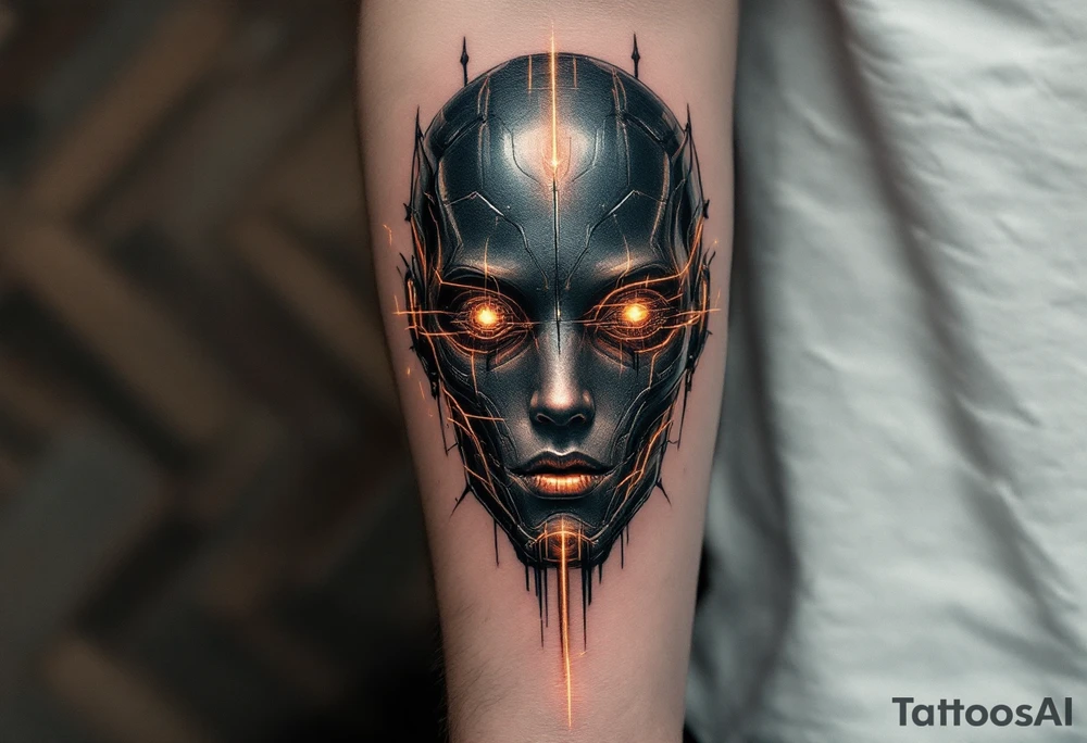 An android full arm design in glossy gunmetal, lit from within by soft amber light trails tattoo idea