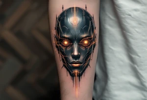 An android full arm design in glossy gunmetal, lit from within by soft amber light trails tattoo idea