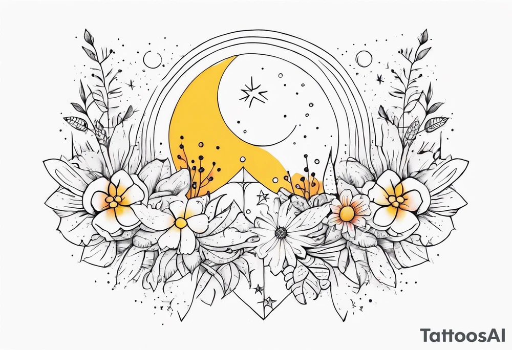 fine line with sun, stars, floral, dots. Sternum tattoo tattoo idea