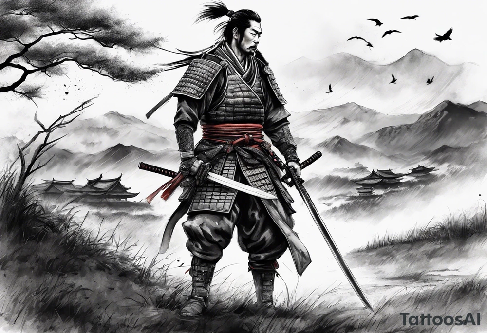 A tired samurai wounded from battle holding his helmet in one hand and in the other hand his sword with a mixture of blood and dirt, wearing his dirty armour he is steeping above some body's from the battle in open field and looking vaguely to the horizon while crows are flyting above him and the corpses tattoo idea