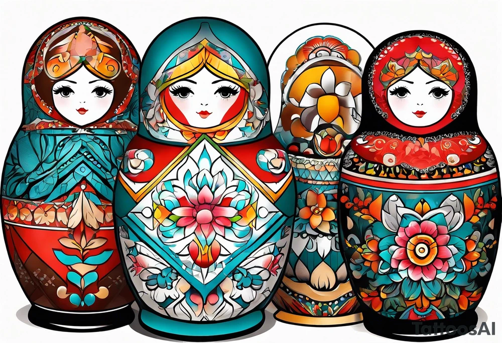 Matryoshka with geometric design,  with large pattern around it tattoo idea