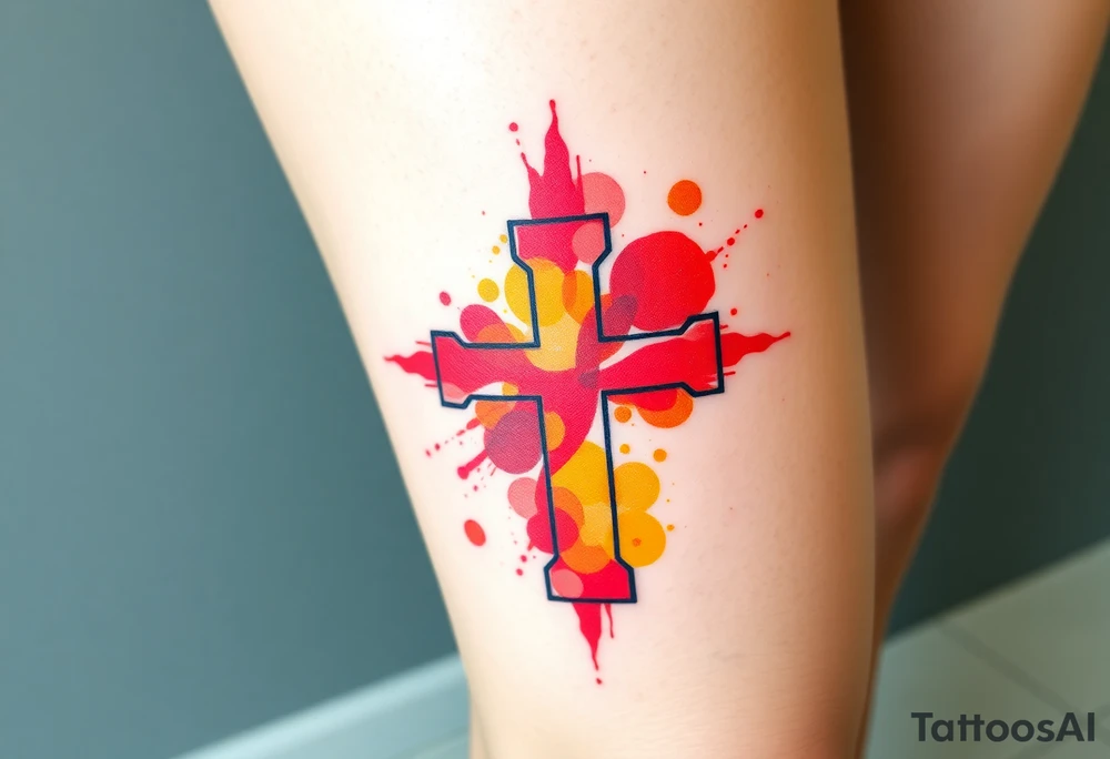 A watercolor-style Maltese cross in splashes of deep red, orange, and yellow, creating a vibrant artistic effect. tattoo idea