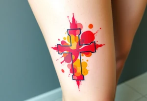 A watercolor-style Maltese cross in splashes of deep red, orange, and yellow, creating a vibrant artistic effect. tattoo idea