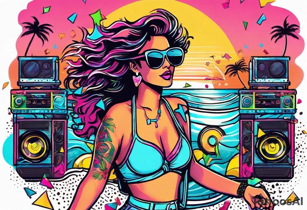 1980's style dance party with boom box and confetti in a beach theme. include people in 80's miami beach clothes, music note. tattoo idea