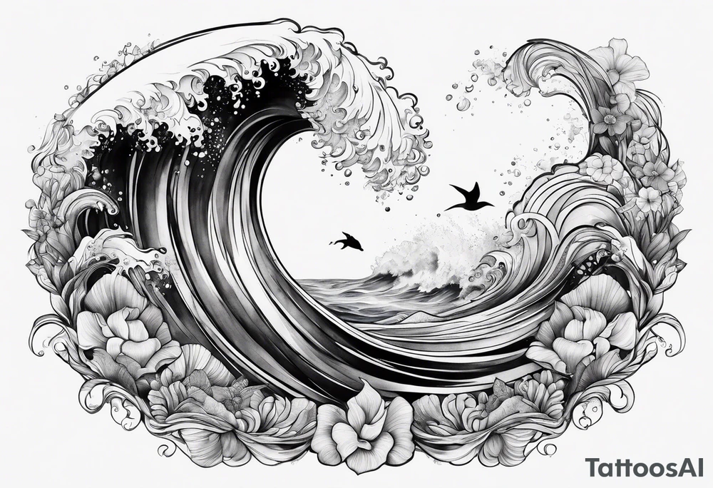 Ocean creatures feminine cascading upwards tattoo idea