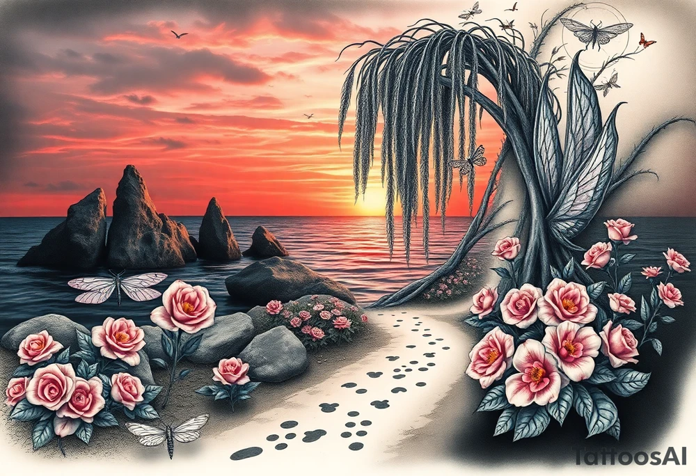 Dark ocean with rocks sunset, weeping willow garden with roses and lilies flower beds. fantasy creatures, fairies, siren, dragonflies, butterflies, cat paw prints path in dirt. tattoo idea