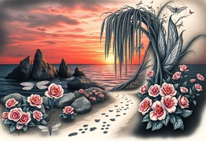 Dark ocean with rocks sunset, weeping willow garden with roses and lilies flower beds. fantasy creatures, fairies, siren, dragonflies, butterflies, cat paw prints path in dirt. tattoo idea