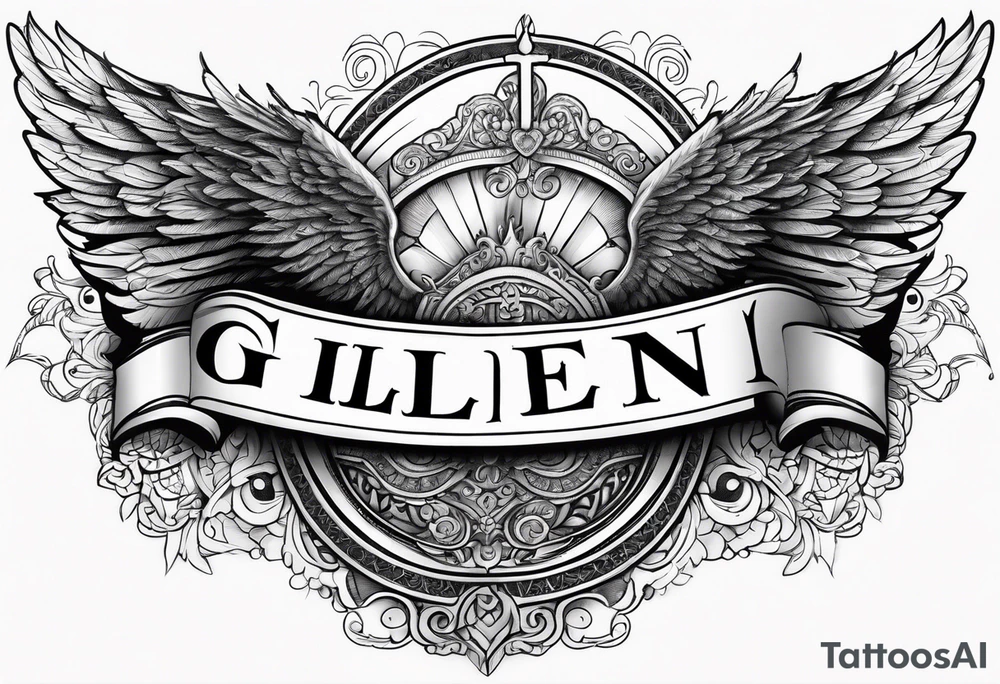 The word Glenn on a banner with angel Wings tattoo idea