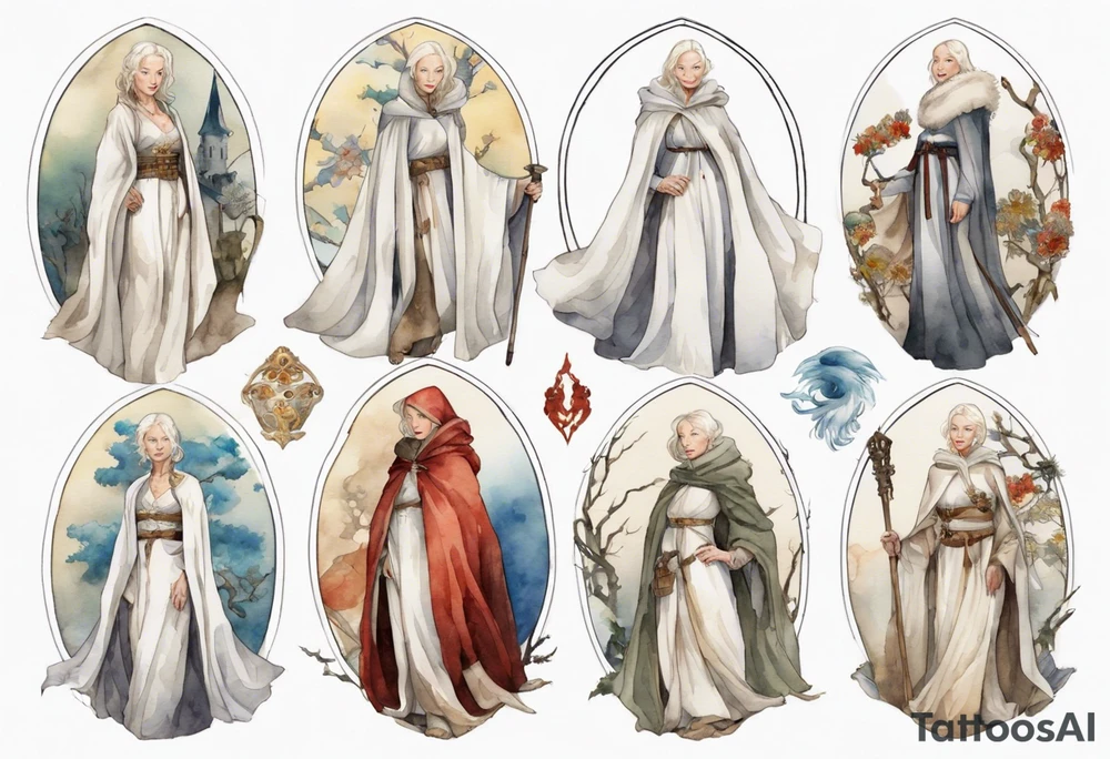 medieval Helen Mirren dressed in white cloak tattoo idea