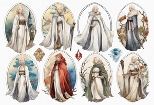 medieval Helen Mirren dressed in white cloak tattoo idea