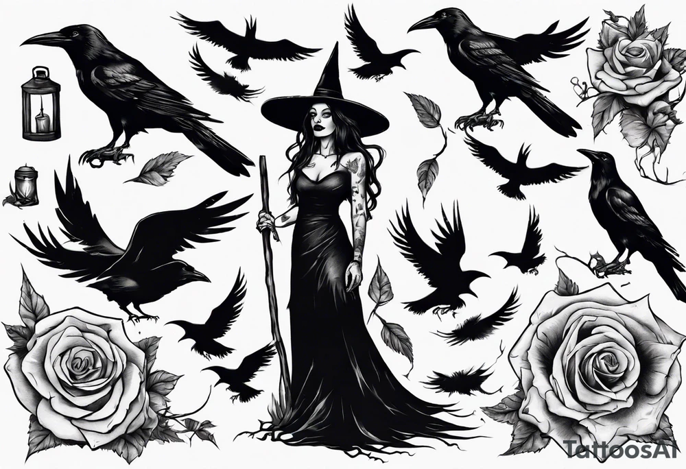 witch with crows, no roses or flowers tattoo idea