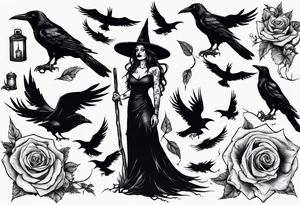 witch with crows, no roses or flowers tattoo idea
