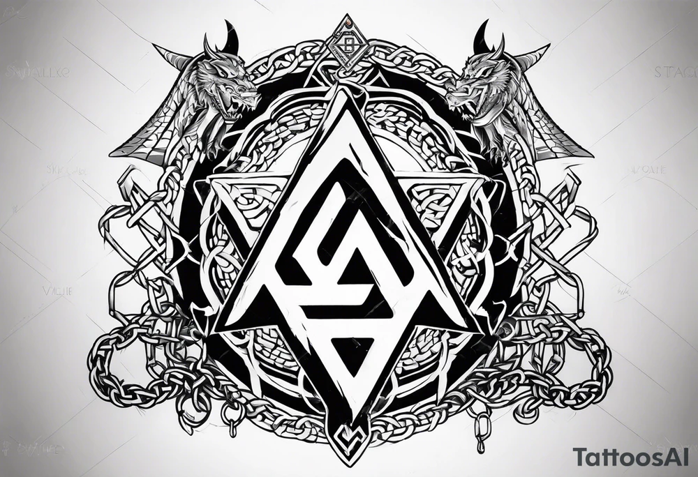 Valhalla sword shield dragon axe Valknut barbed wire chains tattoo idea Valhalla sword shield dragon axe Valknut barbed wire chains tattoo idea