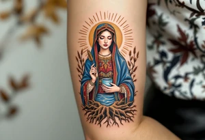 Mokosh – A richly detailed woman in Slavic robes of blue and red, holding wheat and water, framed by earthy brown tree roots and golden rays. tattoo idea