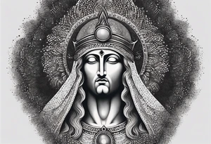 flat stern byzantine Christ with all-demanding eyes with a halo made of peacock feathers tattoo idea