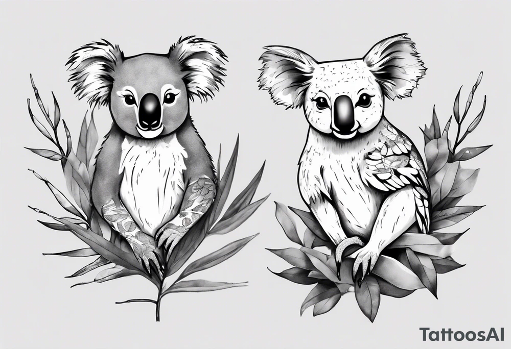 a koala and kookaburra both sitting on wattle and eucalyptus leaves tattoo idea