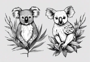 a koala and kookaburra both sitting on wattle and eucalyptus leaves tattoo idea