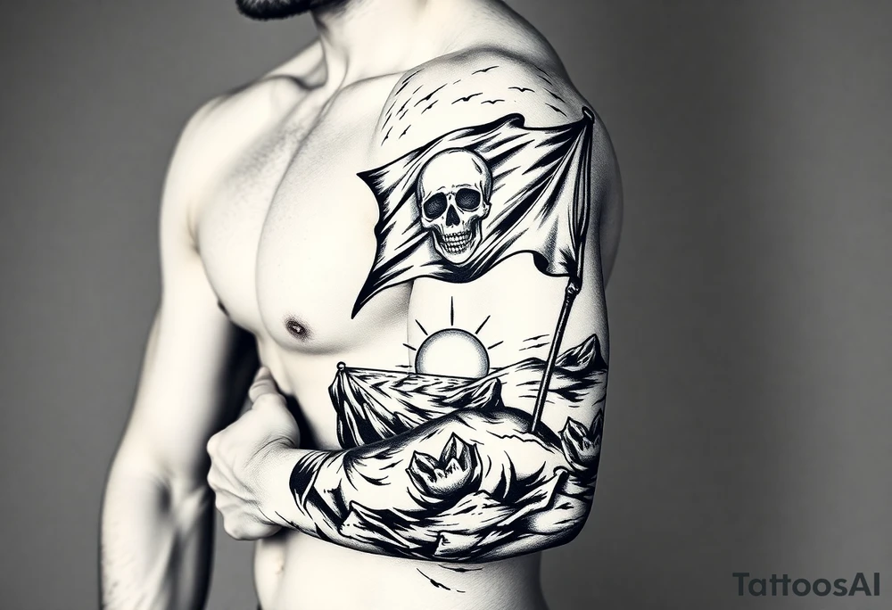 Full sleeve with pirate flag, sun rise, tattoo idea