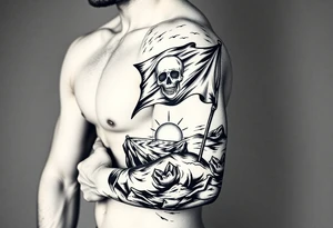 Full sleeve with pirate flag, sun rise, tattoo idea
