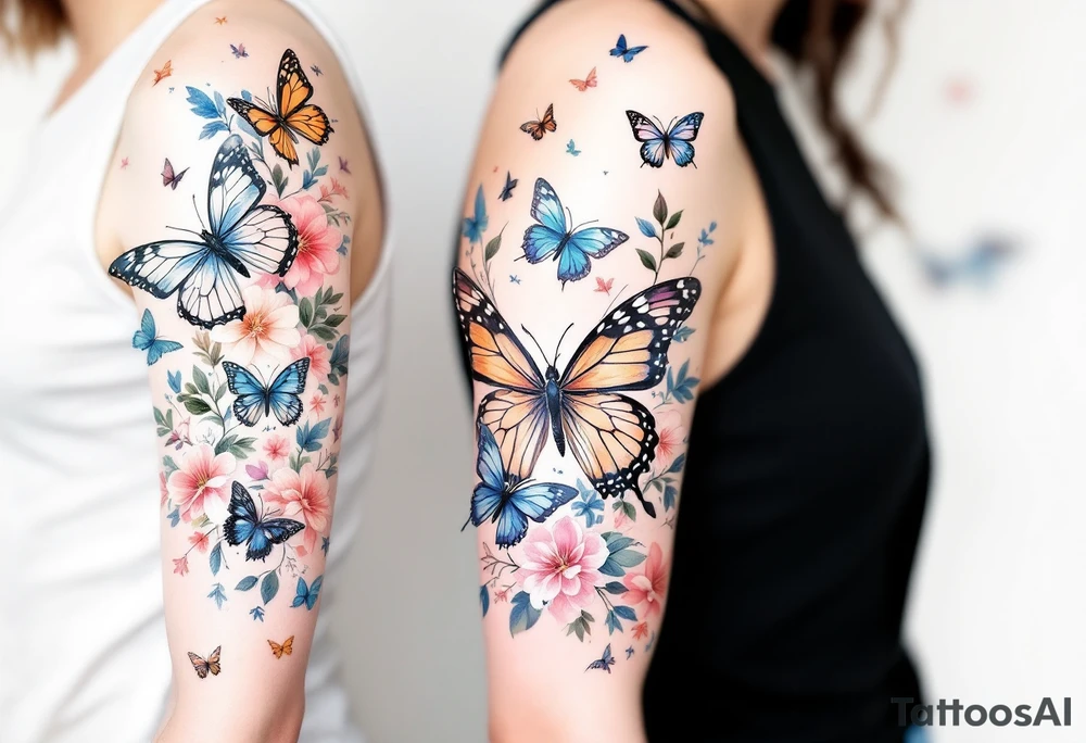 Different butterflies in many sizes with flowers tattoo idea