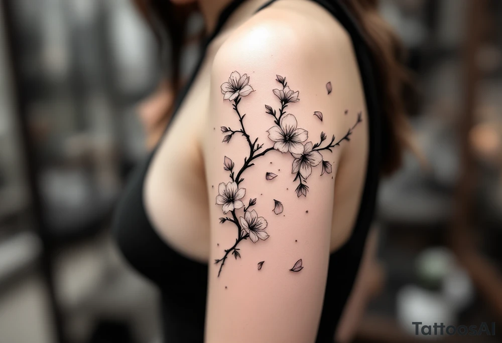 delicate cherry blossoms swirling in spring breeze with petals tattoo idea